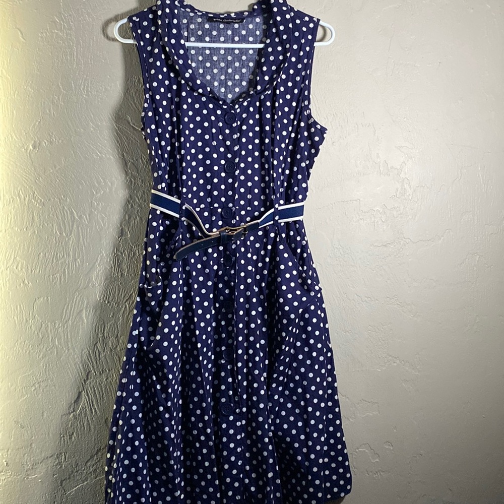 Vintage Mlle Gabrielle Blue and White Polka dot dress with belt
